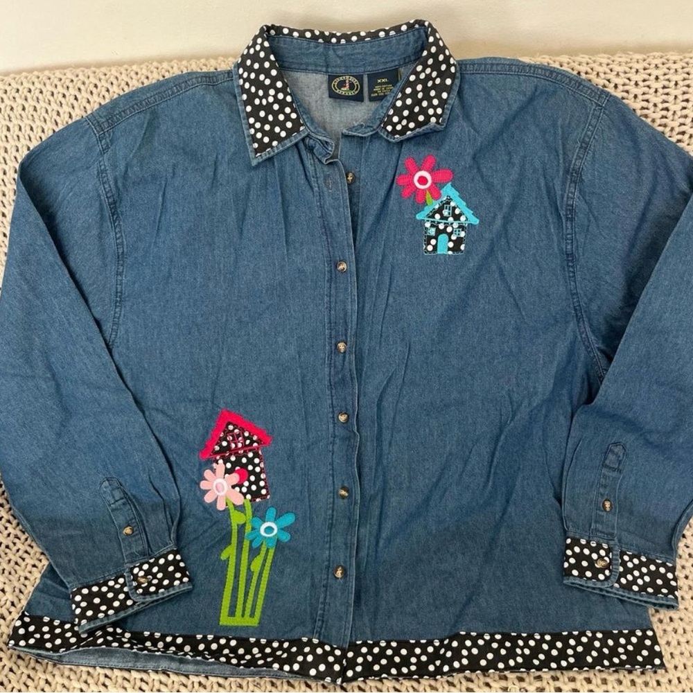 Lighthouse Apparel Birdhouse Applique Denim Shirt XXL Cottagecore